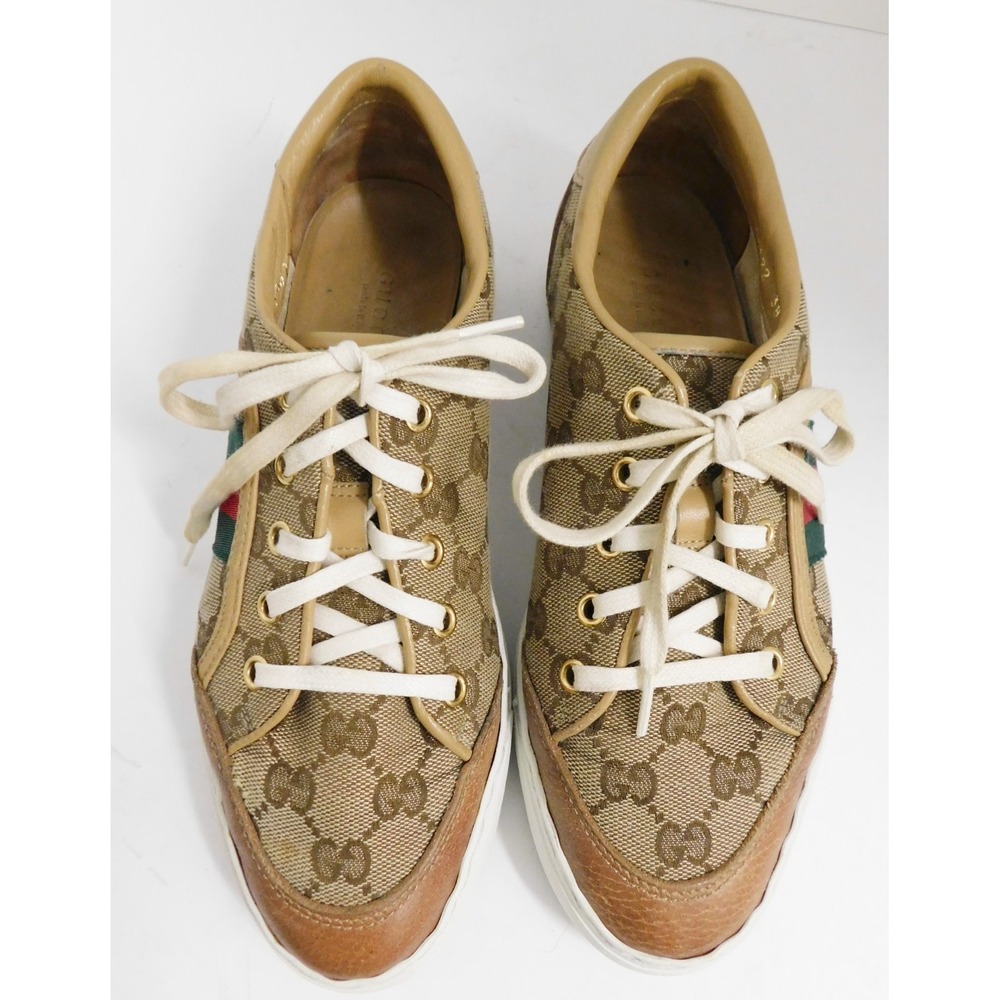 Gucci Ace Red Green Stripe GG Brown Canvas Leather Low-Top Sneakers 38 G - Picture 3 of 7